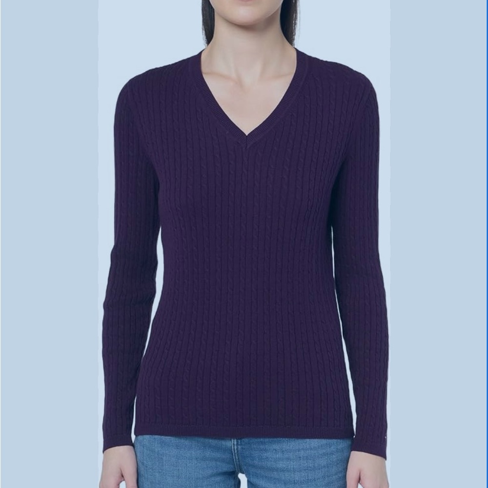 Tommy Hilfiger Rich Plum V-Neck Cable Knit Sweater Large